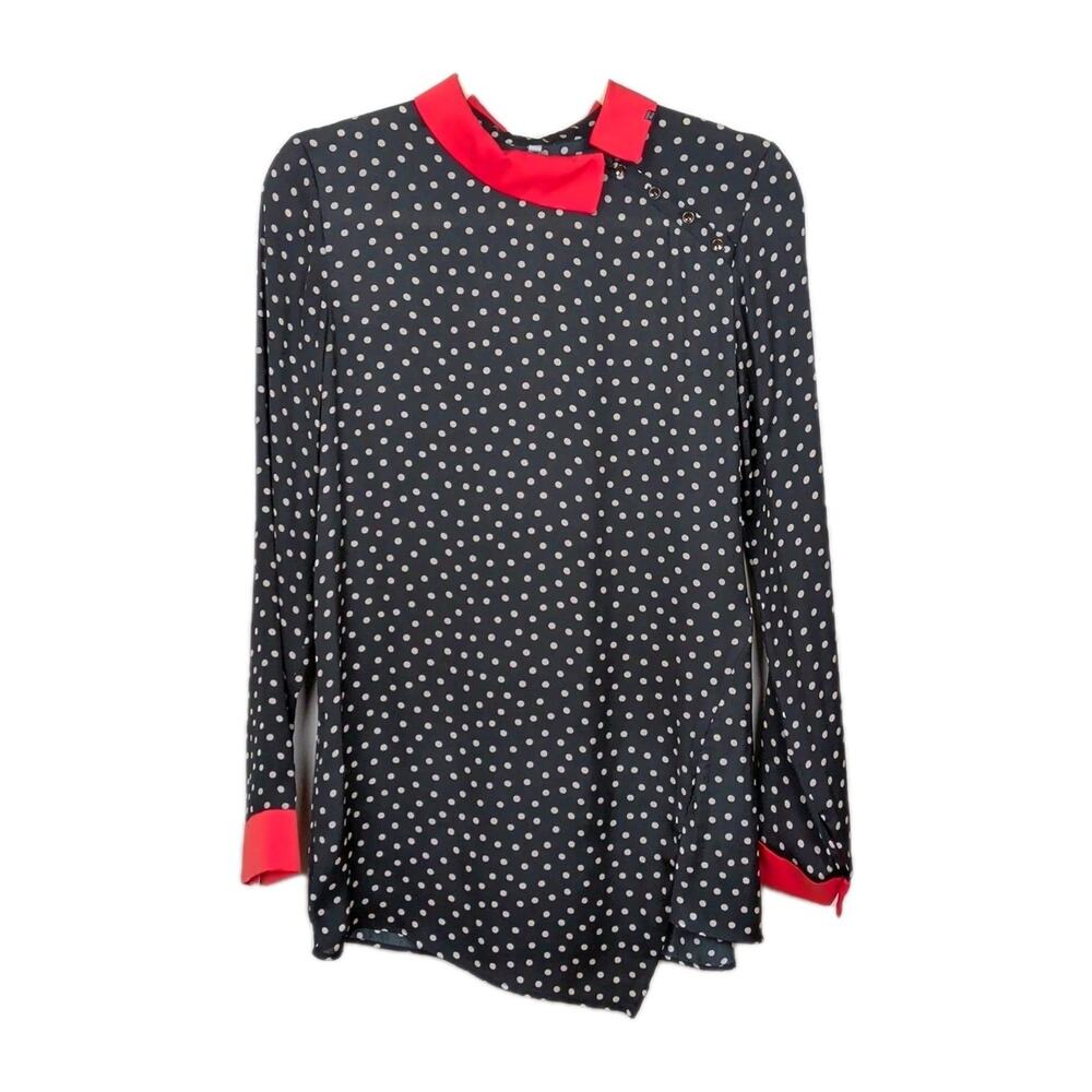 COP COPINE Black White Polka Dot Chemise Red Contrast Collar Women's 36 / US Sm
